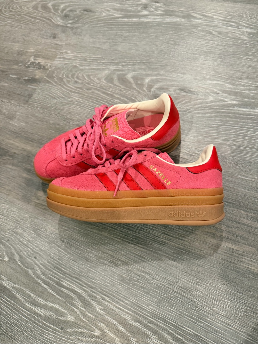 adidas Gazelle Platform Sneakers - Bright Pink with Red Accents and Gum Sole